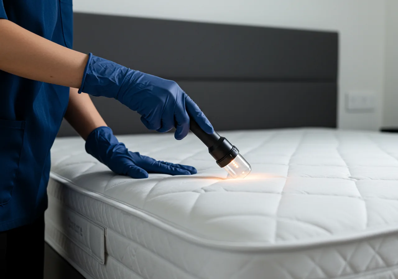 Inspecting mattress seams for bedbugs in a condo bedroom