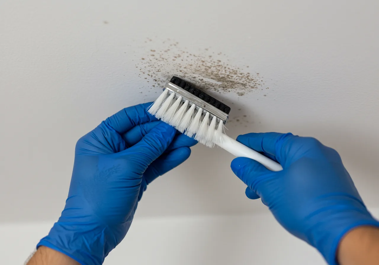 Black mold on an HDB bathroom ceiling, mid-treatment